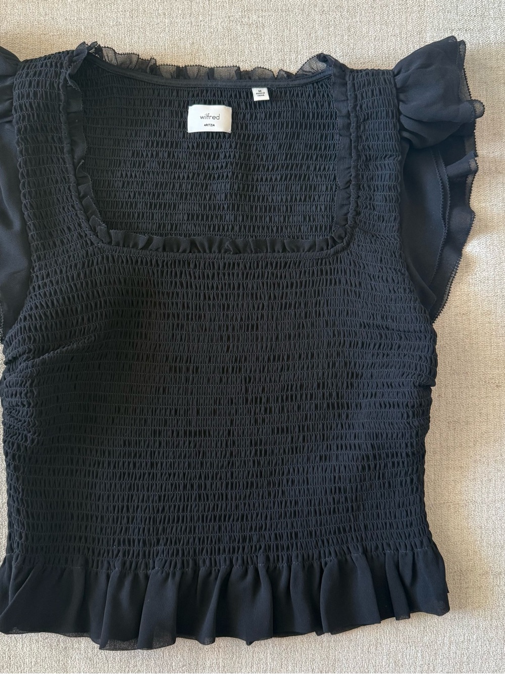 Aritzia Wilfred Black Smocked Ruffle Sleeve Top